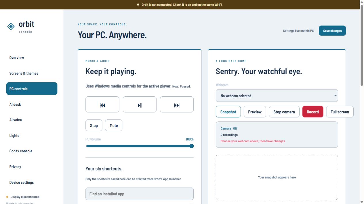 Orbit console: PC controls and Sentry