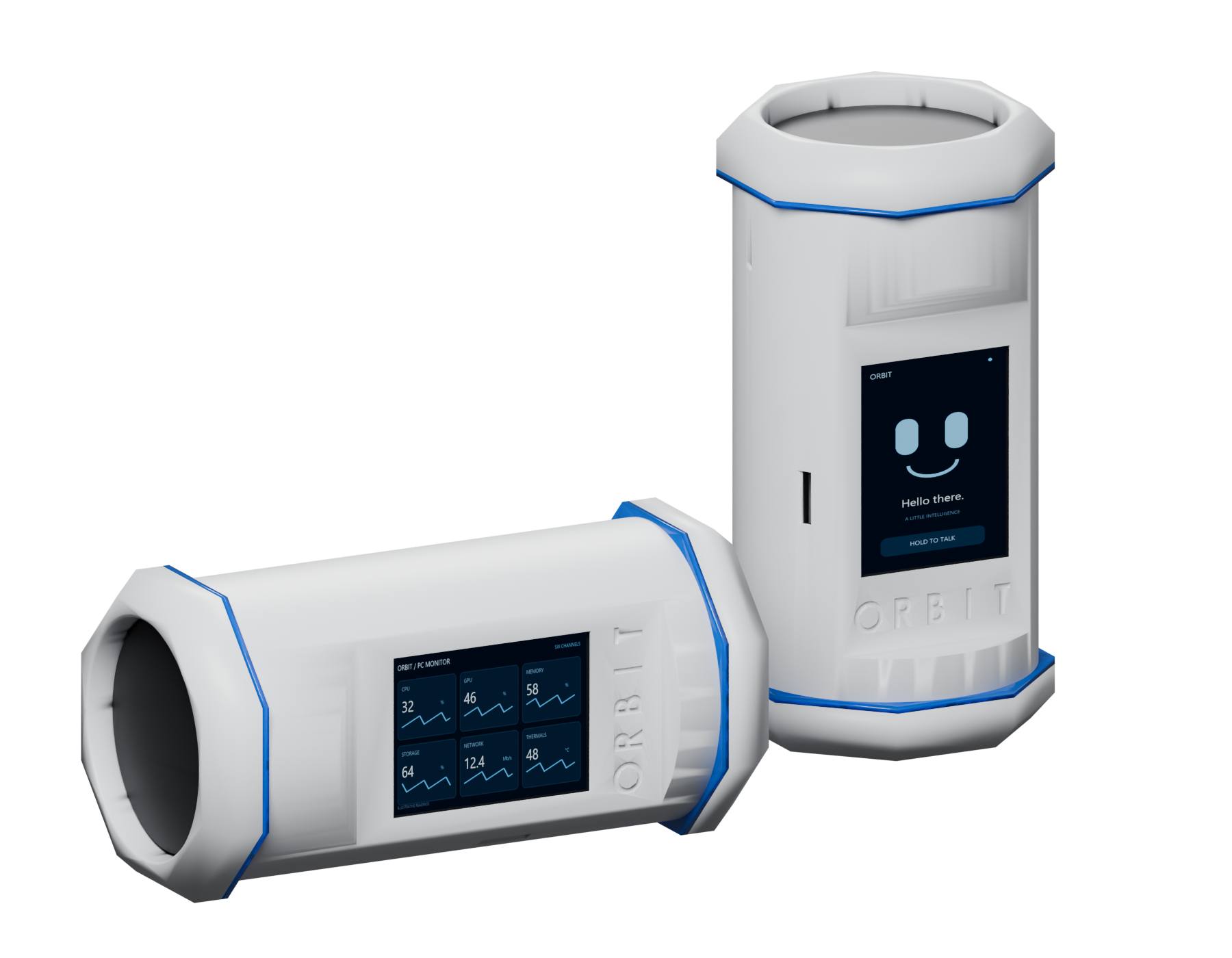 White Orbit prototypes: horizontal on the left with speaker visible and memory-card slot underneath, upright on the right with an AI face